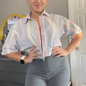 LANDS END Rainbow Striped Cropped Button Up, Size Men's Large